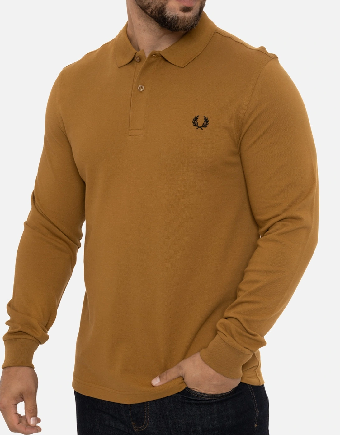 Mens Long Sleeve Plain Polo Shirt (Caramel)