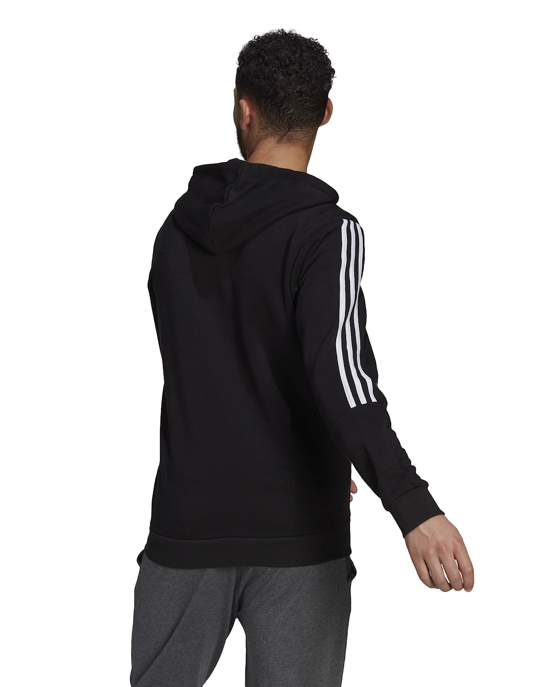 Mens Essentials Fleece Cut 3-Stripe Full Zip Hoodie (Black)