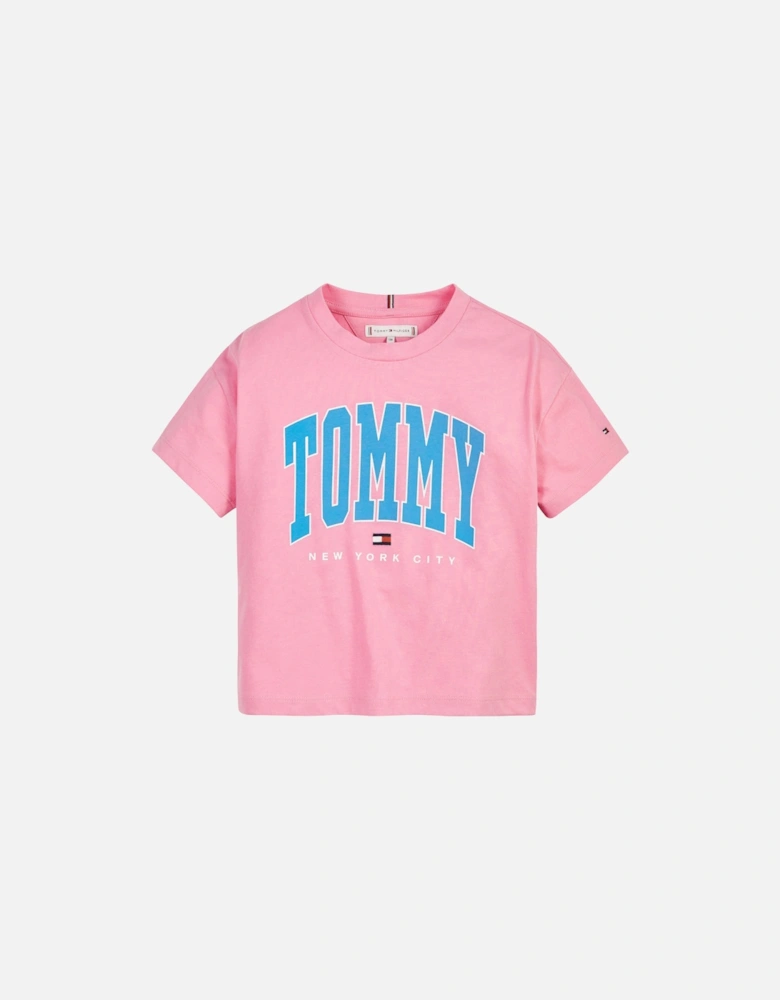 Juniors Contrast Varsity Bold Logo T-Shirt (Pink)