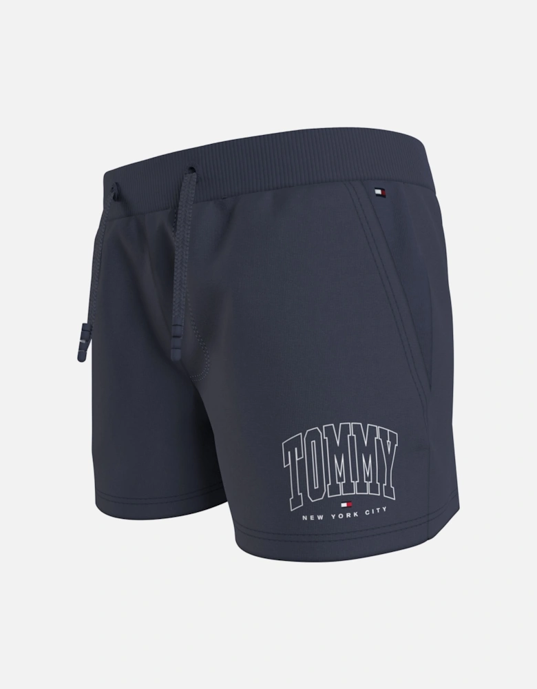 Juniors Contrast Varsity Bold Logo Mini Shorts (Navy)
