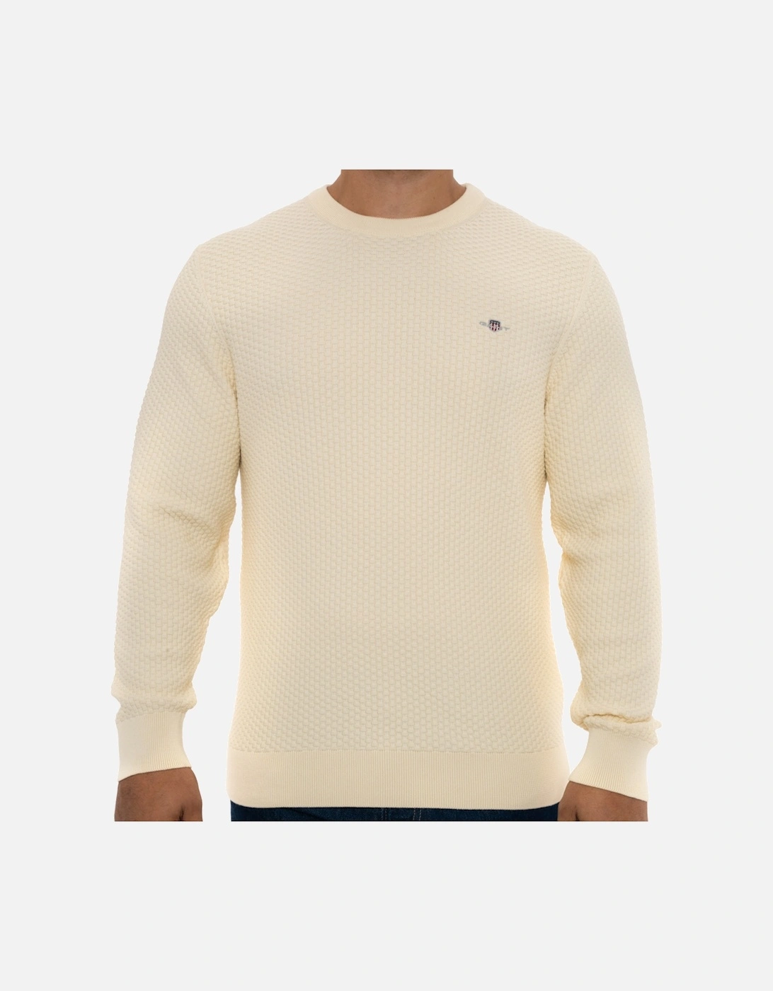 Mens Cotton Texture Crew Knit Sweatshirt (Cream), 8 of 7