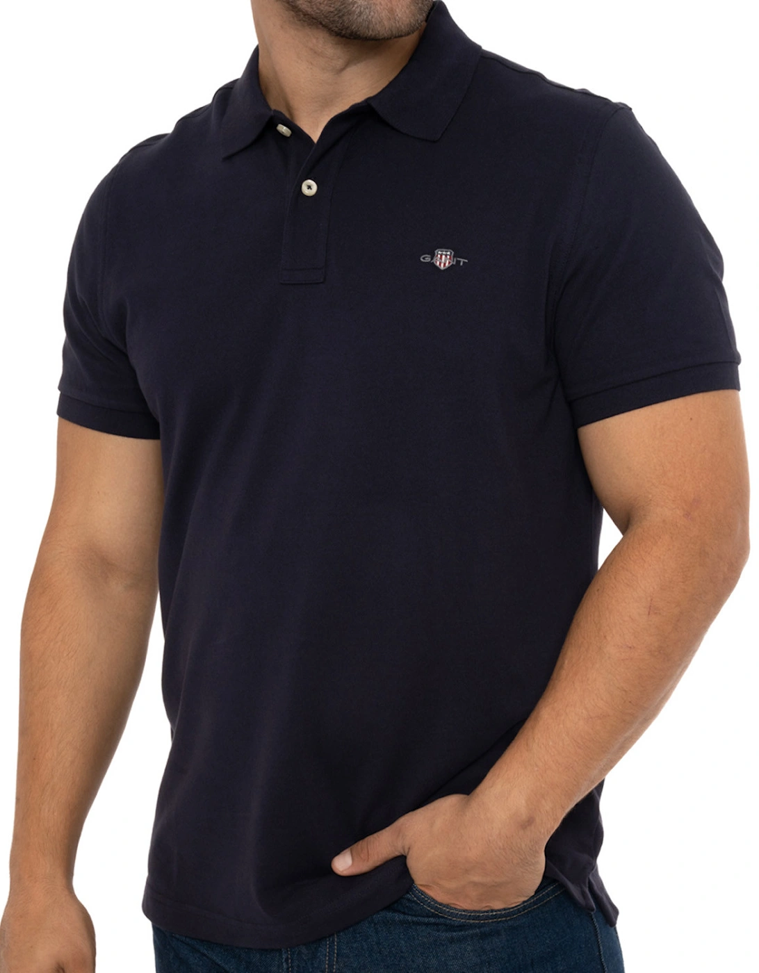 Mens Regular Shield S/S Pique Polo Shirt (Navy)