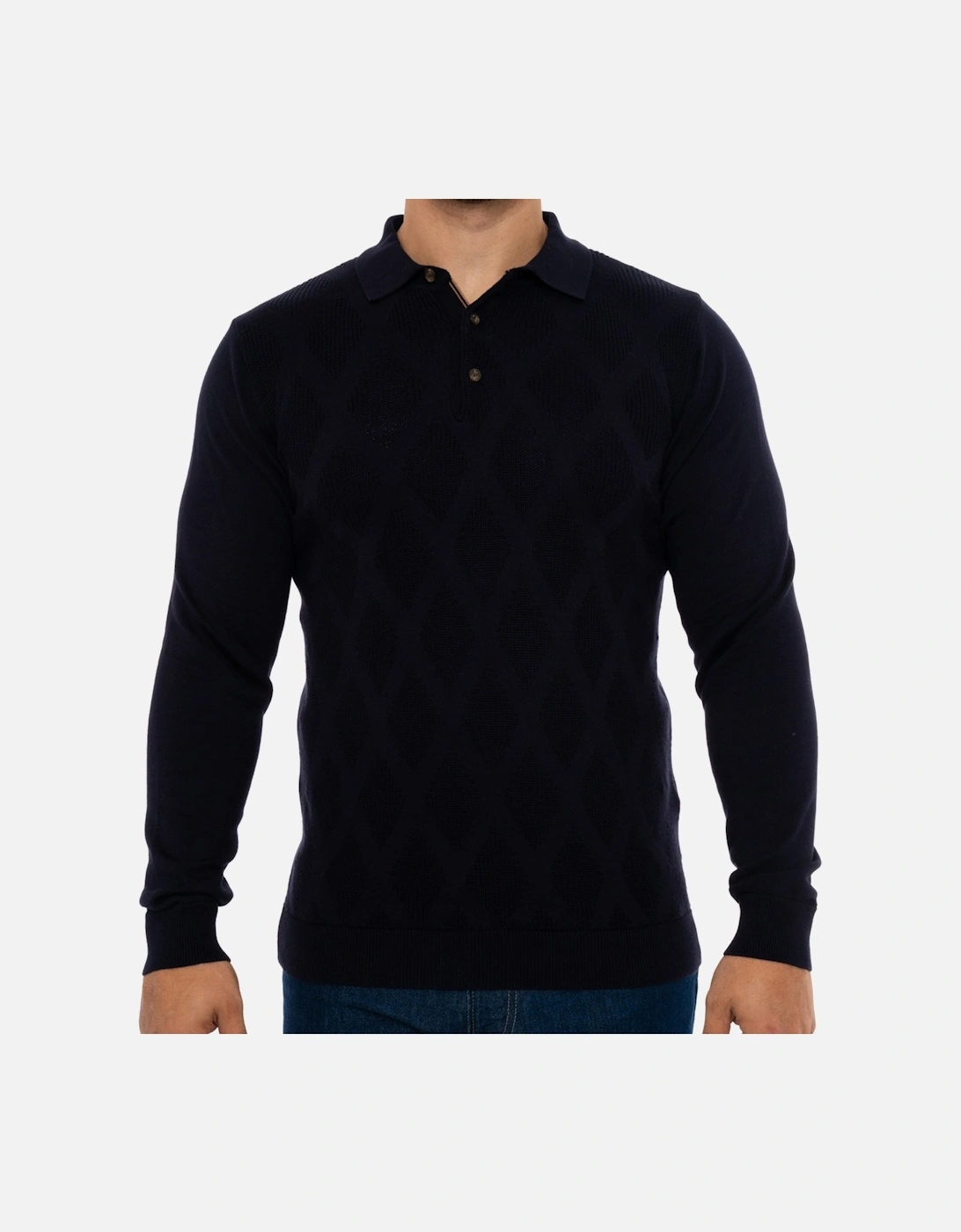 Mens Self Pattern Knitted Polo Shirt (Navy), 8 of 7