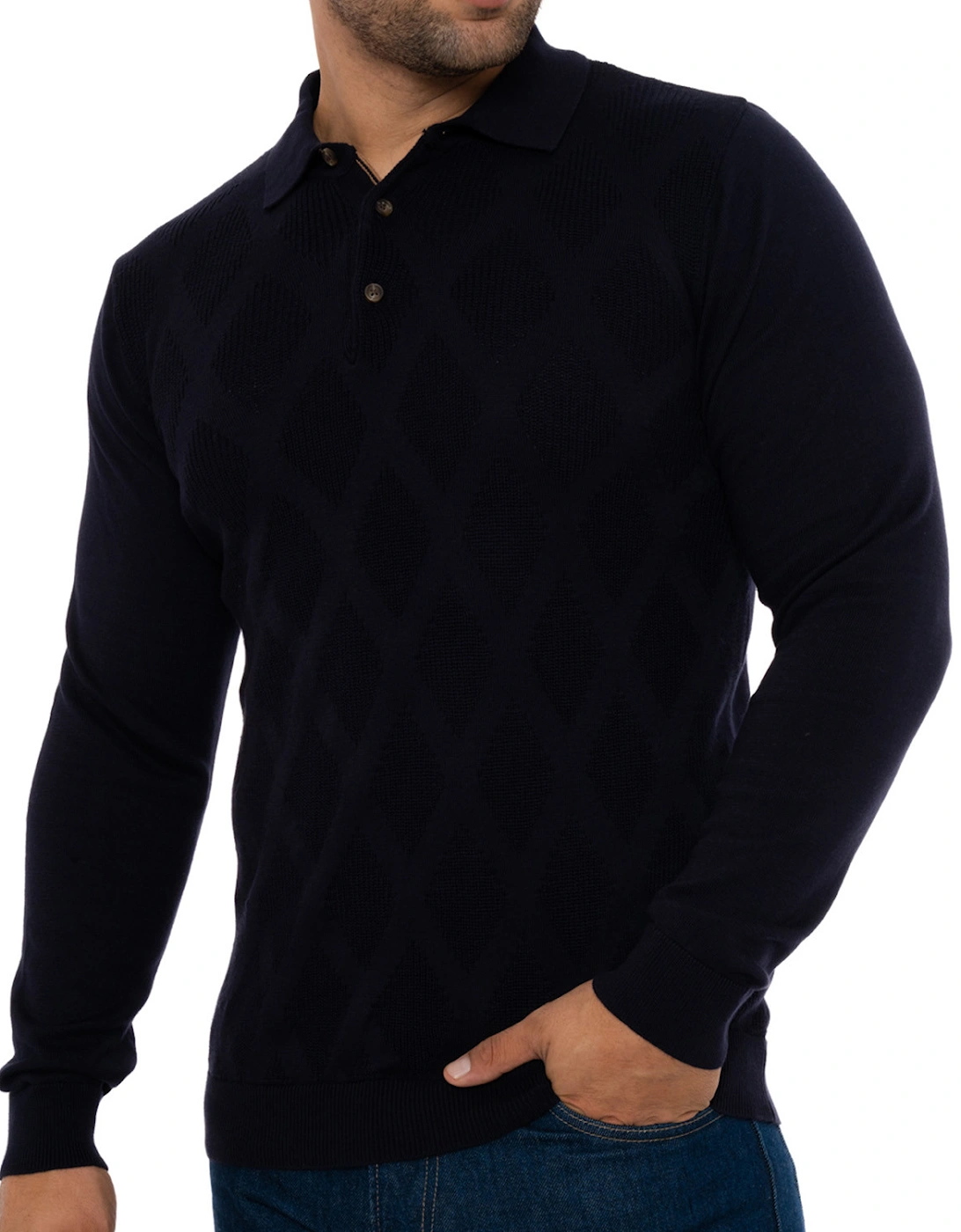 Mens Self Pattern Knitted Polo Shirt (Navy)