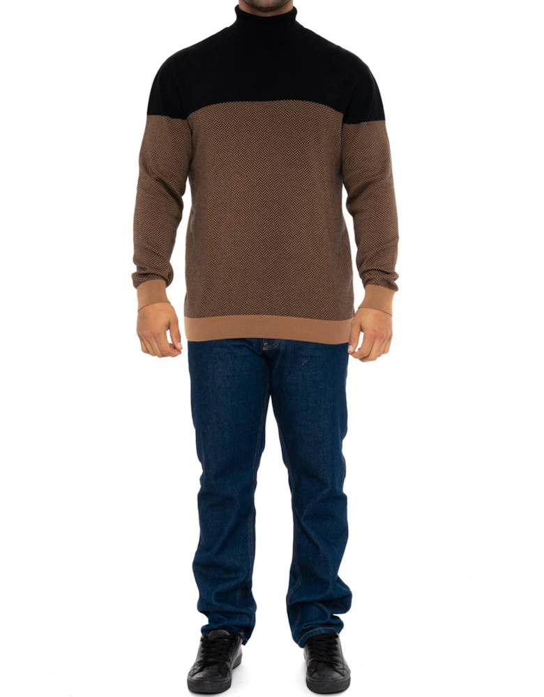 Mens Weave Panel Roll Neck Knit Sweatshirt (Black/Brown)