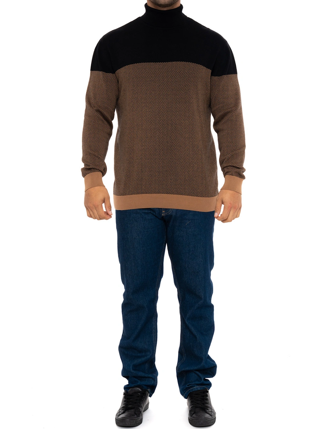 Mens Weave Panel Roll Neck Knit Sweatshirt (Black/Brown)