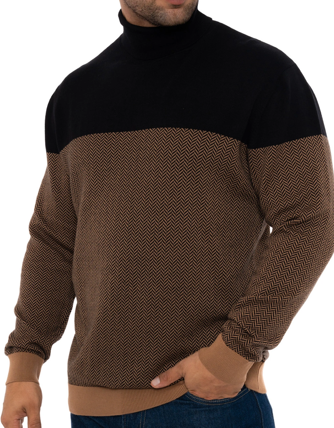 Mens Weave Panel Roll Neck Knit Sweatshirt (Black/Brown)