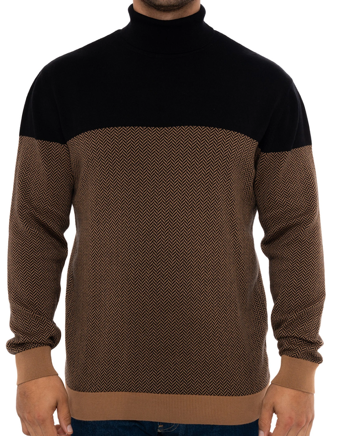 Mens Weave Panel Roll Neck Knit Sweatshirt (Black/Brown), 8 of 7