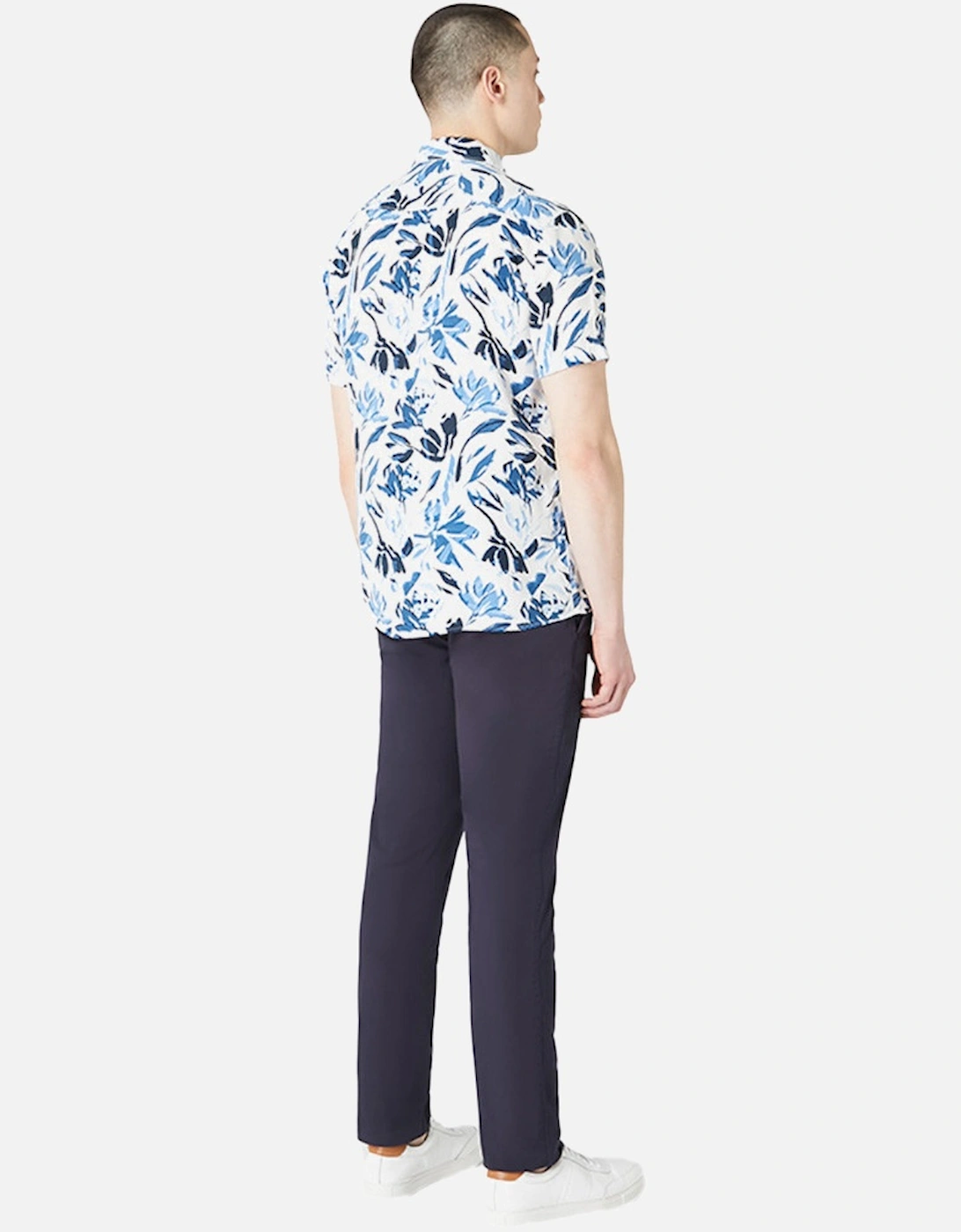 Mens Paolo Leaf Print Pattern S/S Shirt (White/Navy)