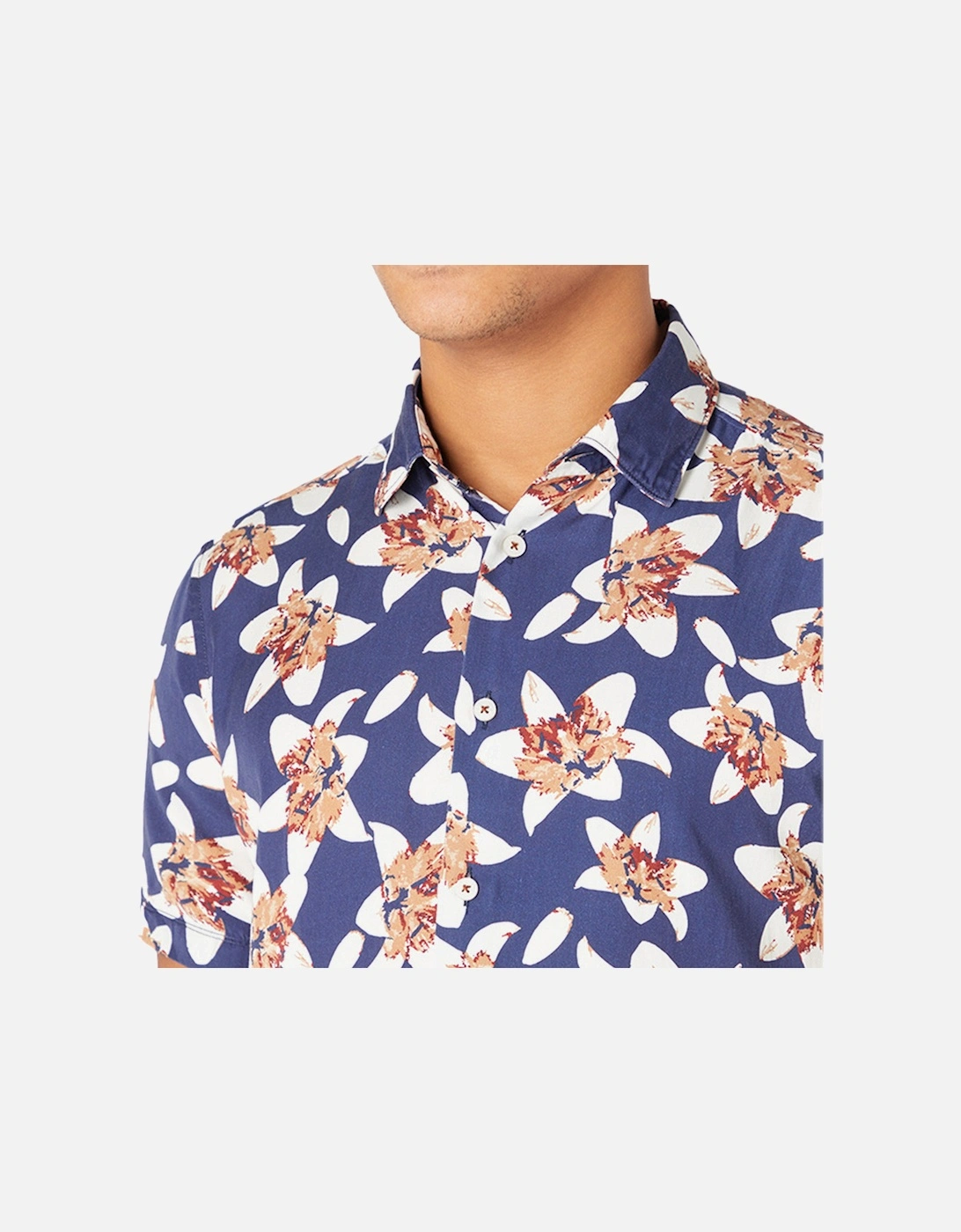 Mens Short Sleeve Flower Print Shirt (Navy)