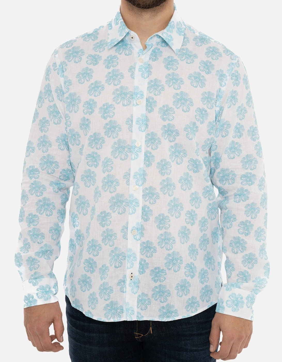 Joop Mens Flower Pattern Linen Shirt (White/Aqua), 8 of 7