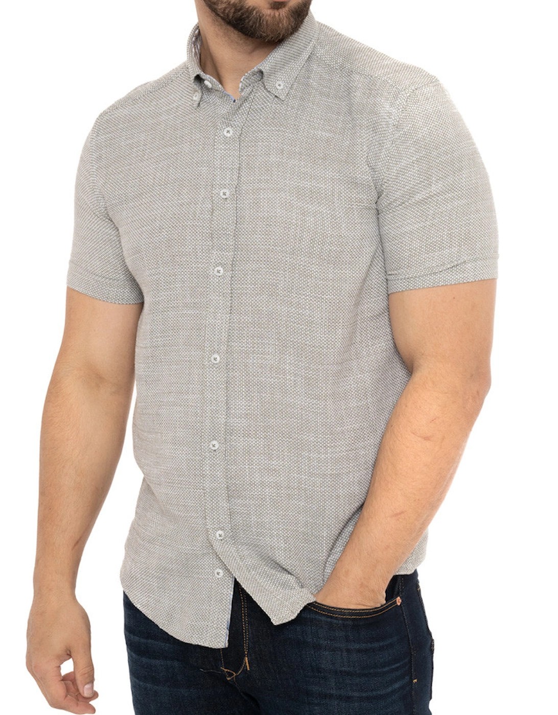 Mens Flower Trims Weave S/S Shirt (Sage)