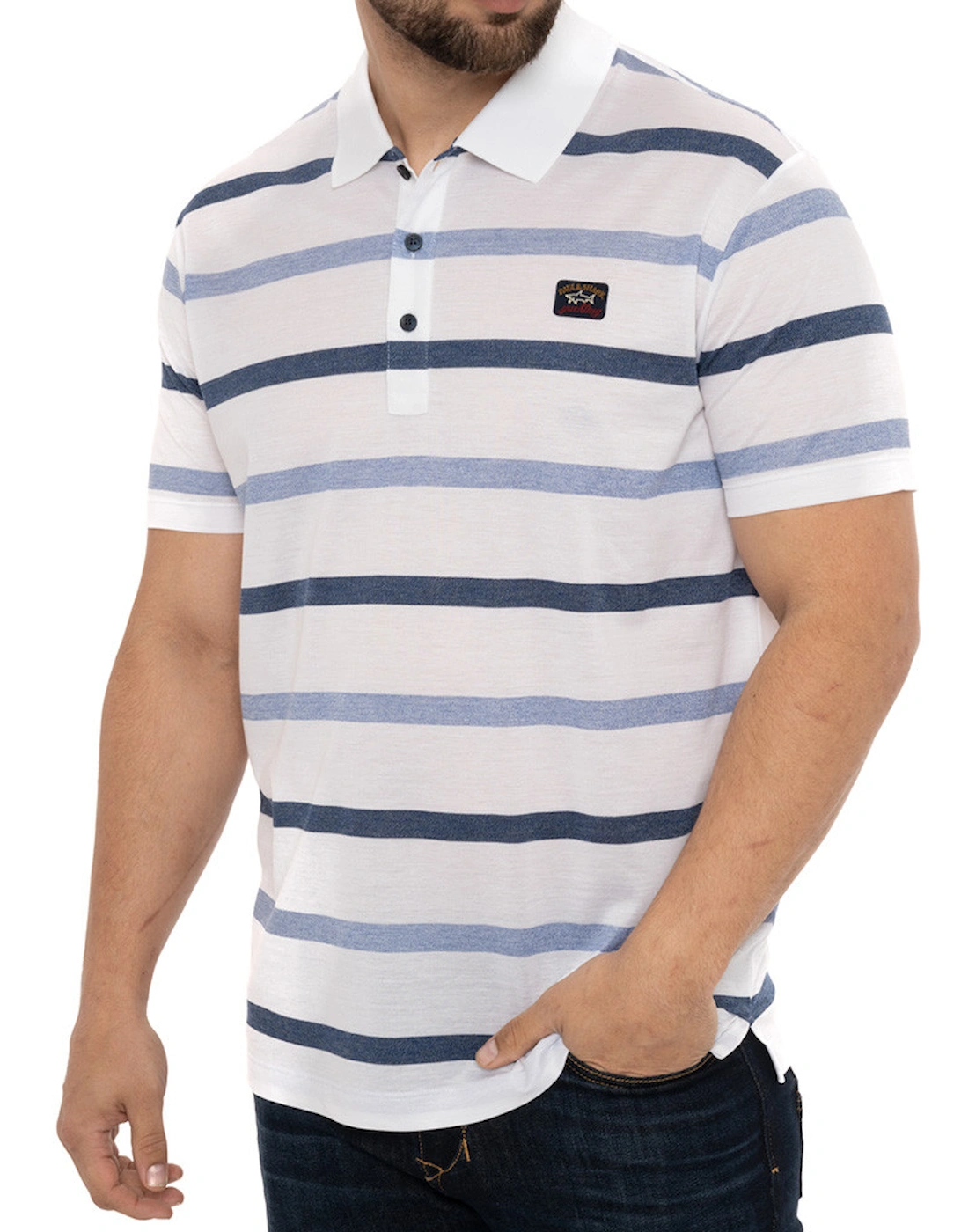 Mens Bold Stripe Polo Shirt (White/Blue)