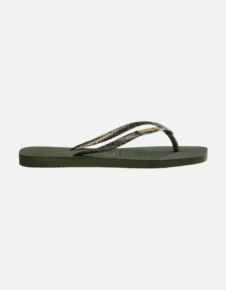 Womens Square Logo Metallic Flip Flops (Olive)