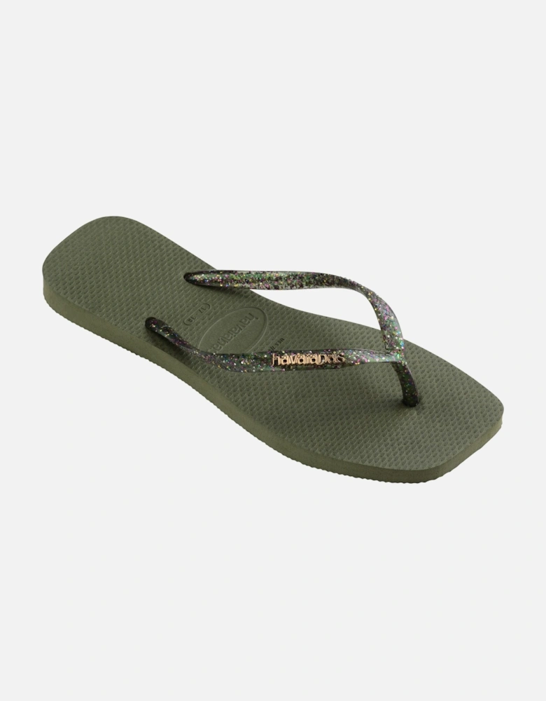 Womens Square Logo Metallic Flip Flops (Olive)