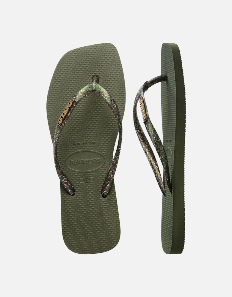 Womens Square Logo Metallic Flip Flops (Olive)