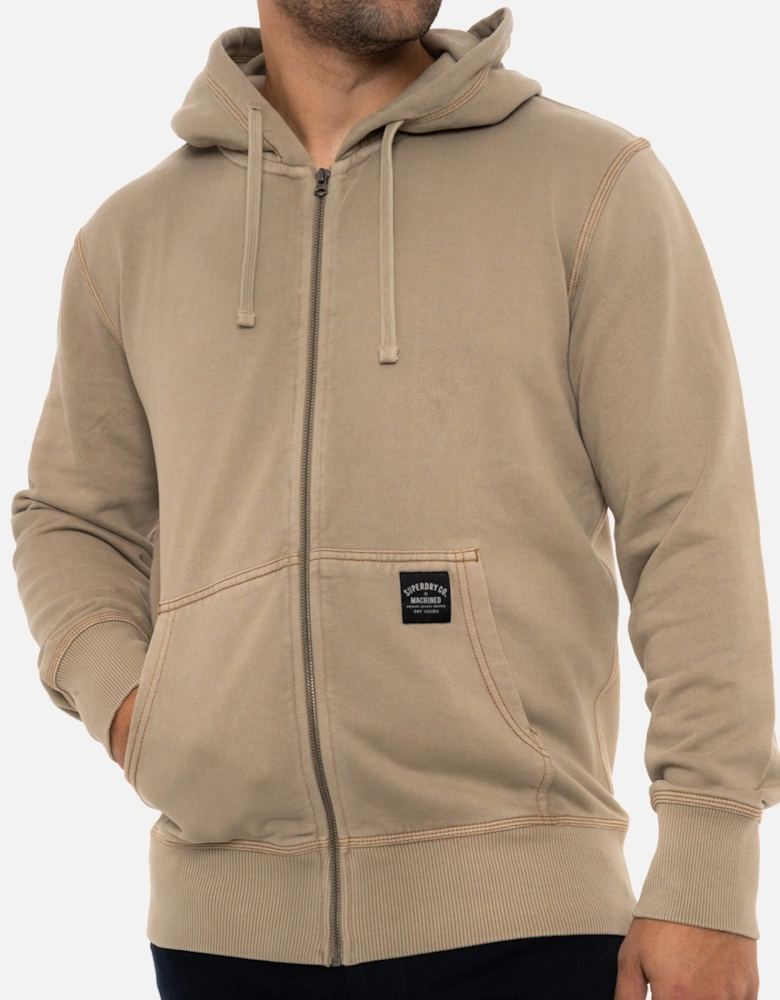 Mens Contrast Stitch Relaxed Full Zip Hoodie (Beige)