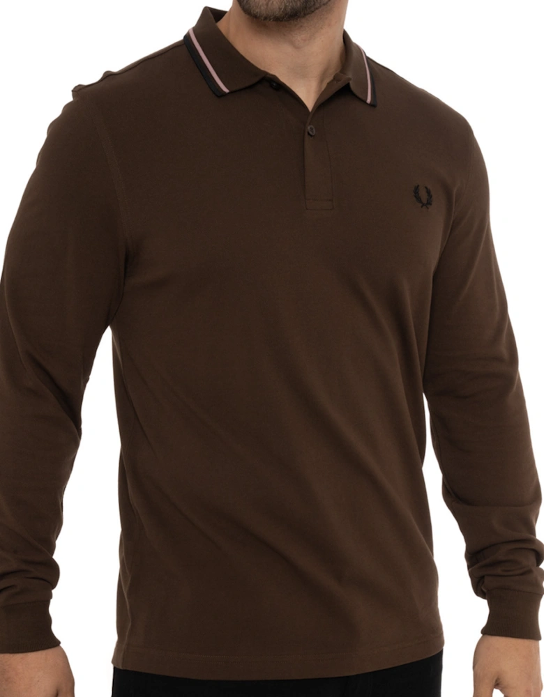 Mens Long Sleeve Tipped Polo Shirt (Tobacco)