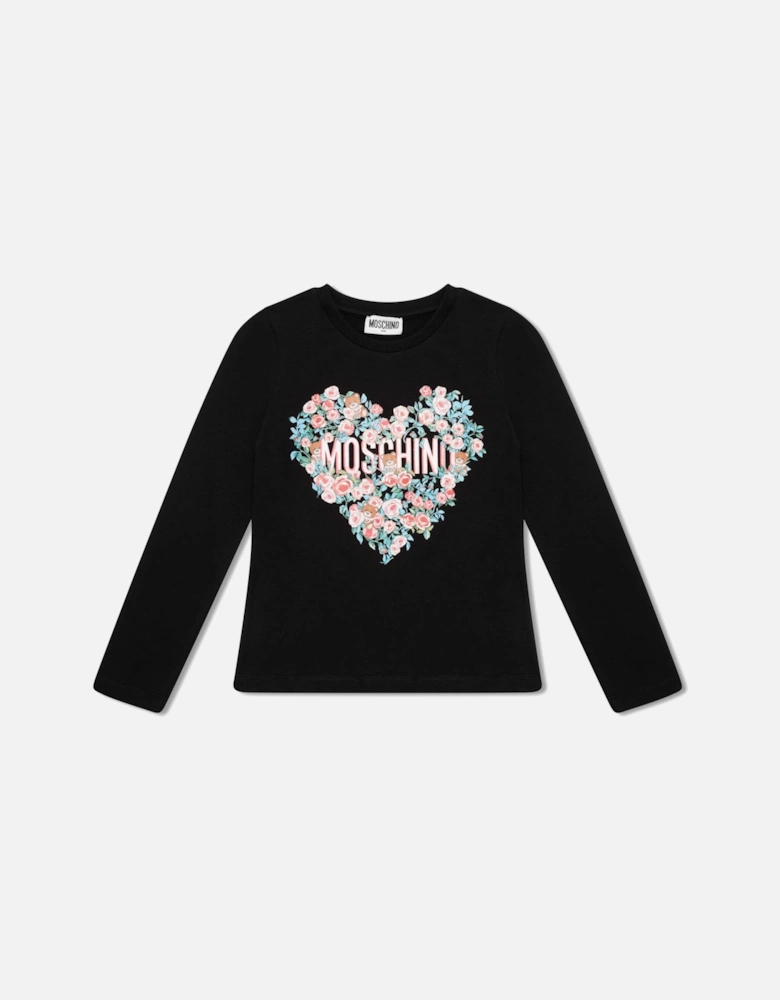 Juniors Floral Heart Print T-Shirt (Black)