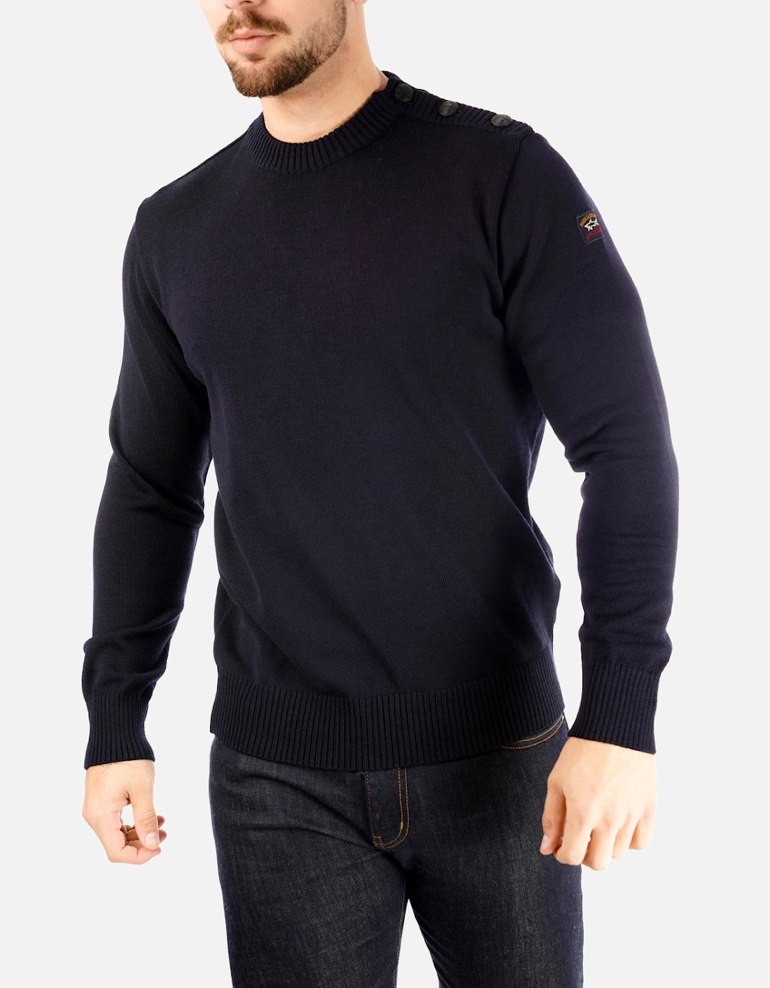 Mens Button Shoulder Crew Knit Sweater (Navy), 6 of 5