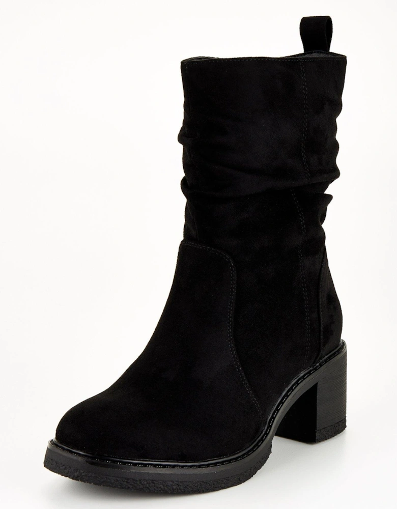 Extra Wide Slouch Calf Boot With Bock Heel - Black