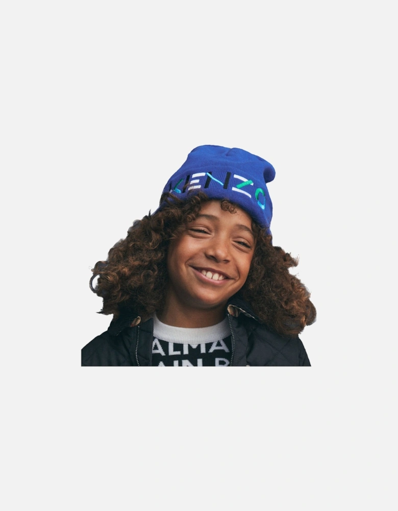 Kids Juniors Embroidered Logo Beanie Hat (Blue)