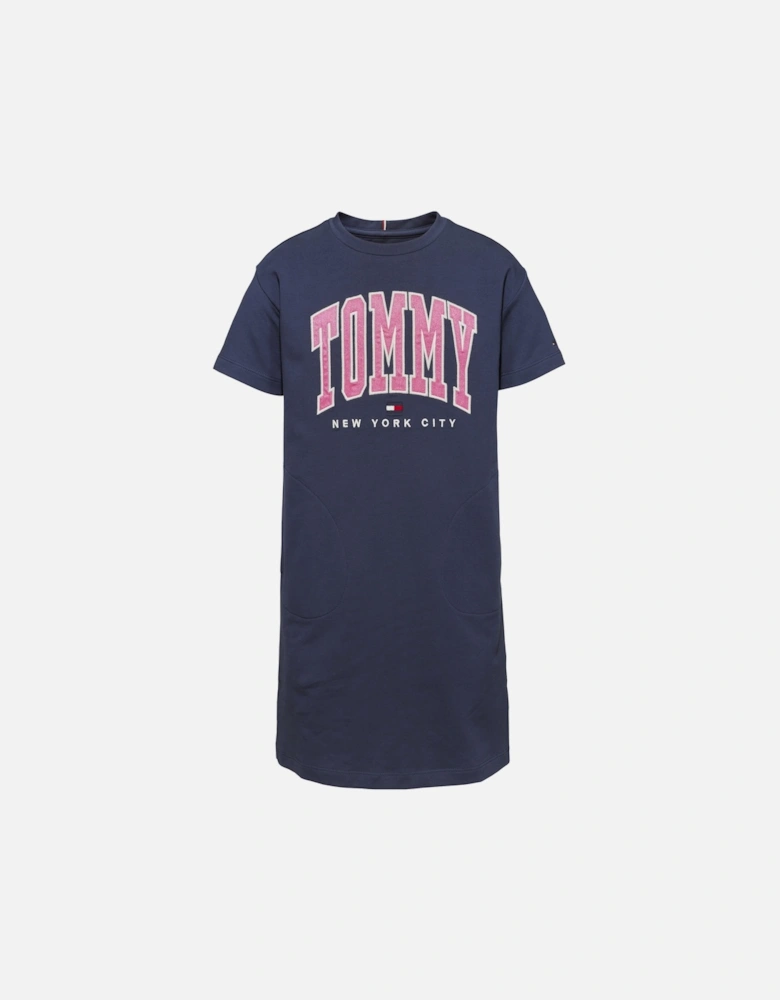 Juniors Contrast Varsity Bold T-Shirt Dress (Navy)