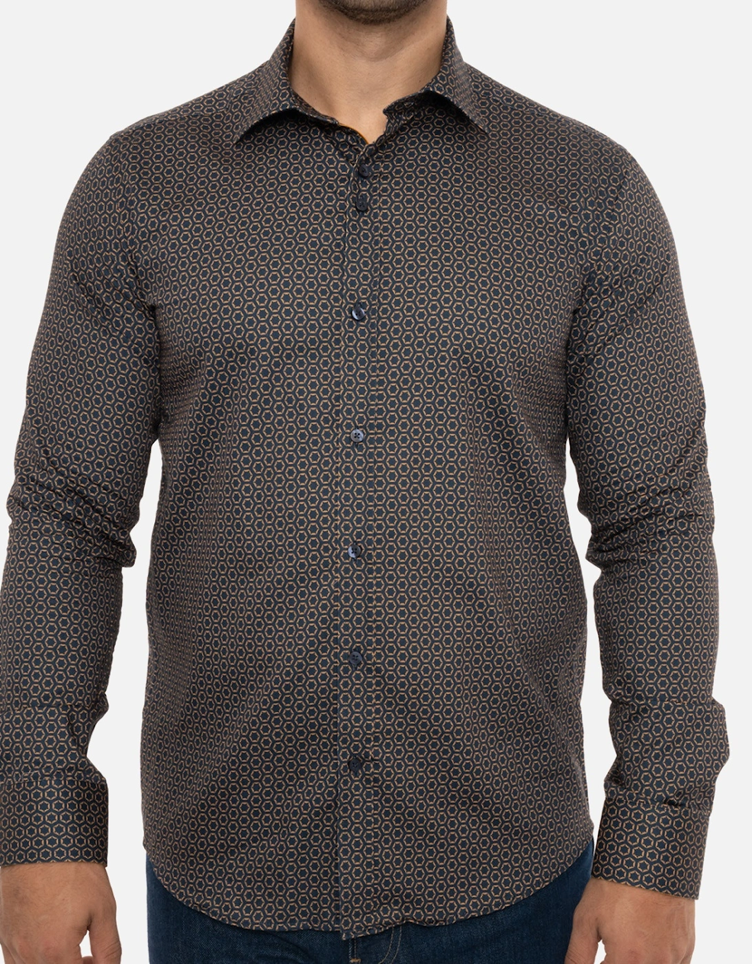 Mens Hexagon Pattern Shirt (Navy/Brown), 8 of 7