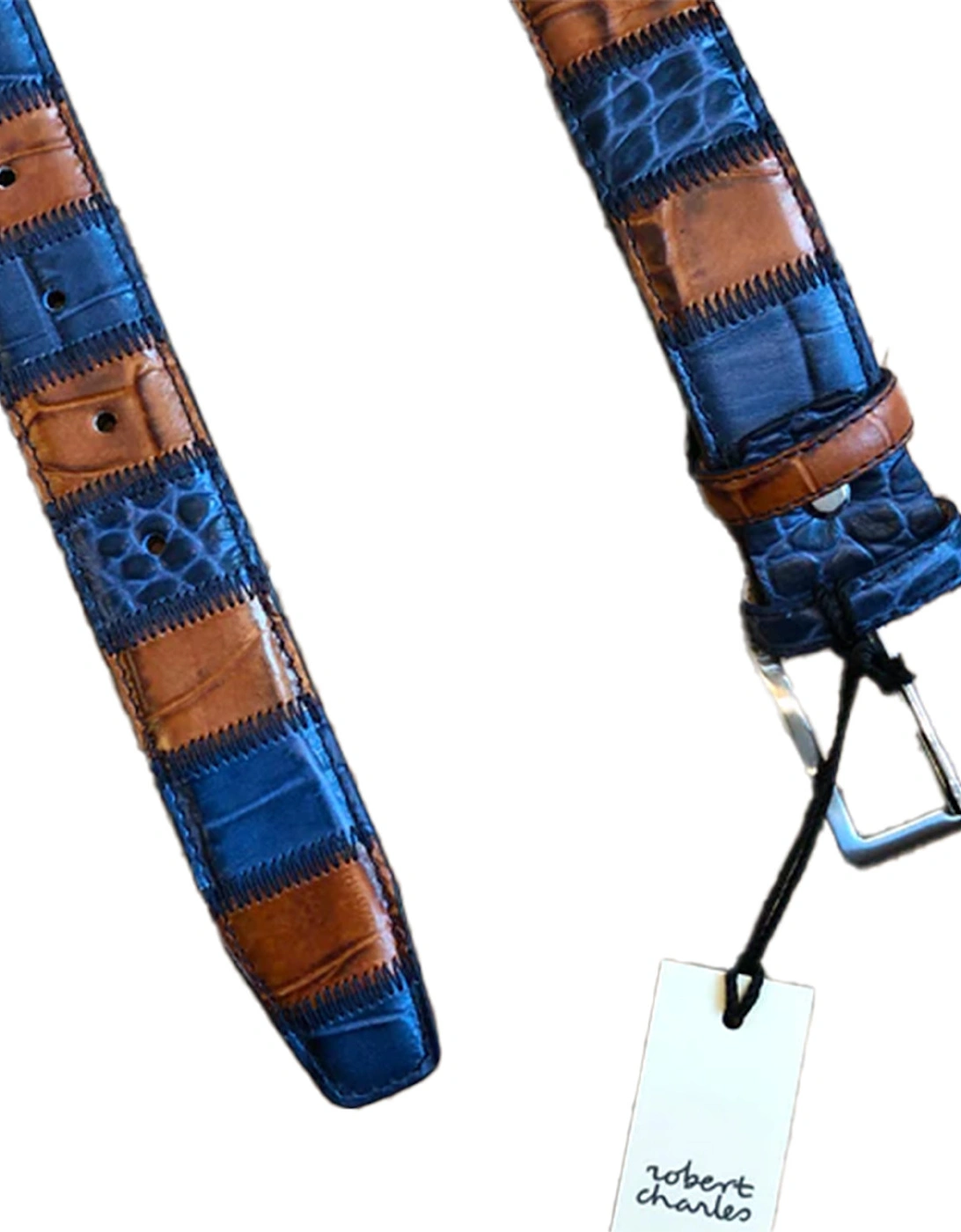 Mens Patchwork Leather Belt (Blue / Tan)
