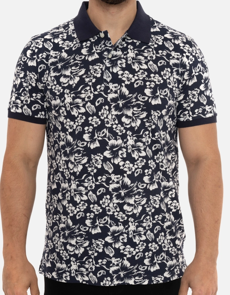 Mens Floral Print S/S Polo Shirt (Navy)