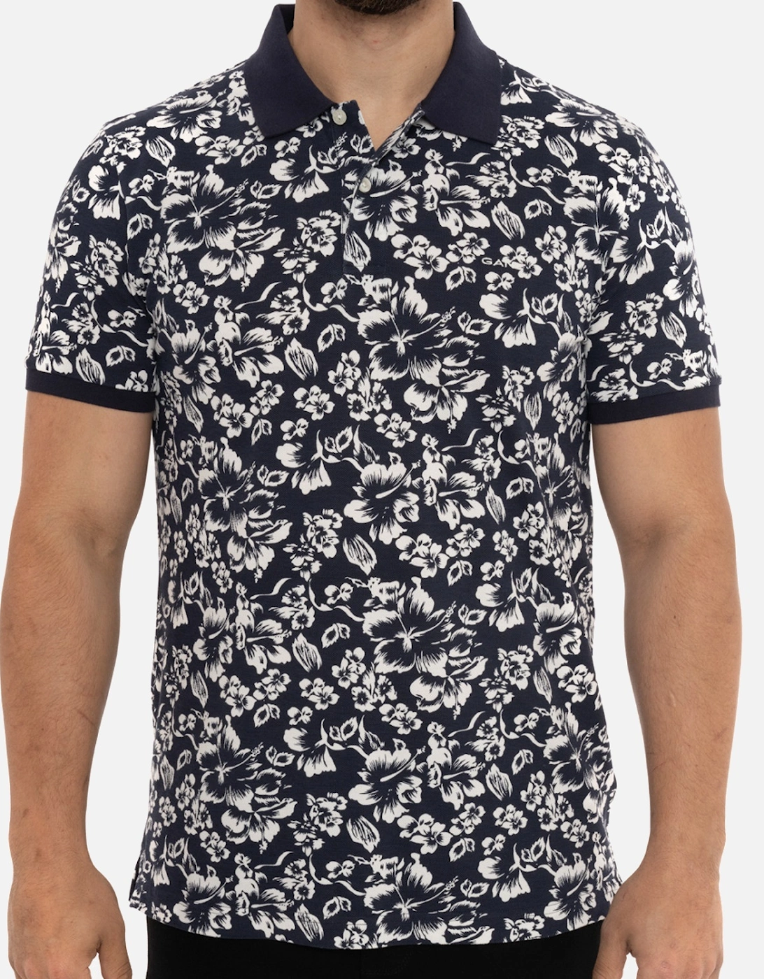 Mens Floral Print S/S Polo Shirt (Navy), 8 of 7