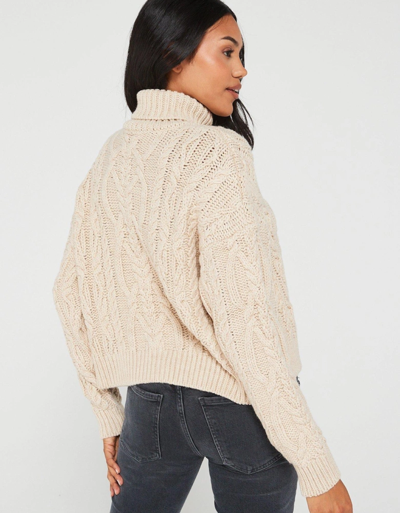 Cable Knit Polo Neck Jumper - Beige