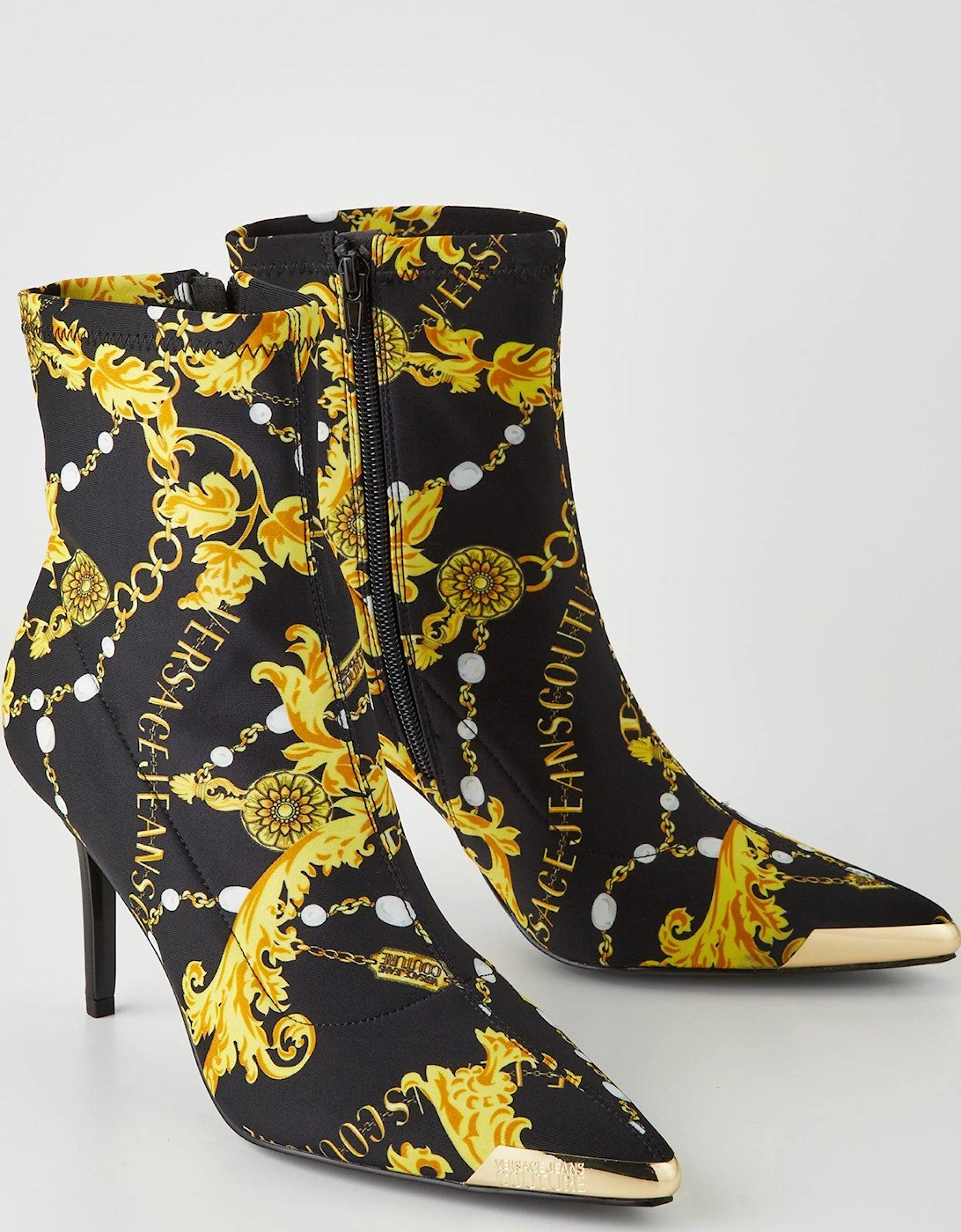 Jeans Couture Baroque Print Heeled Boots - Black/Gold