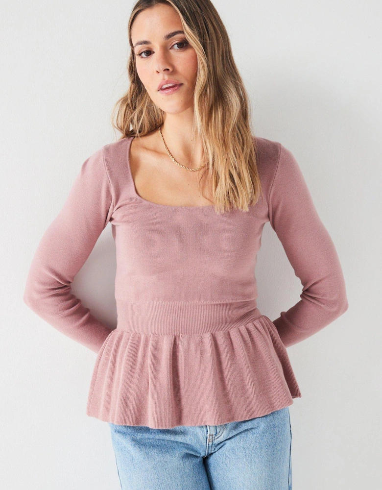 Square Neck Peplum Knitted Top - Pink