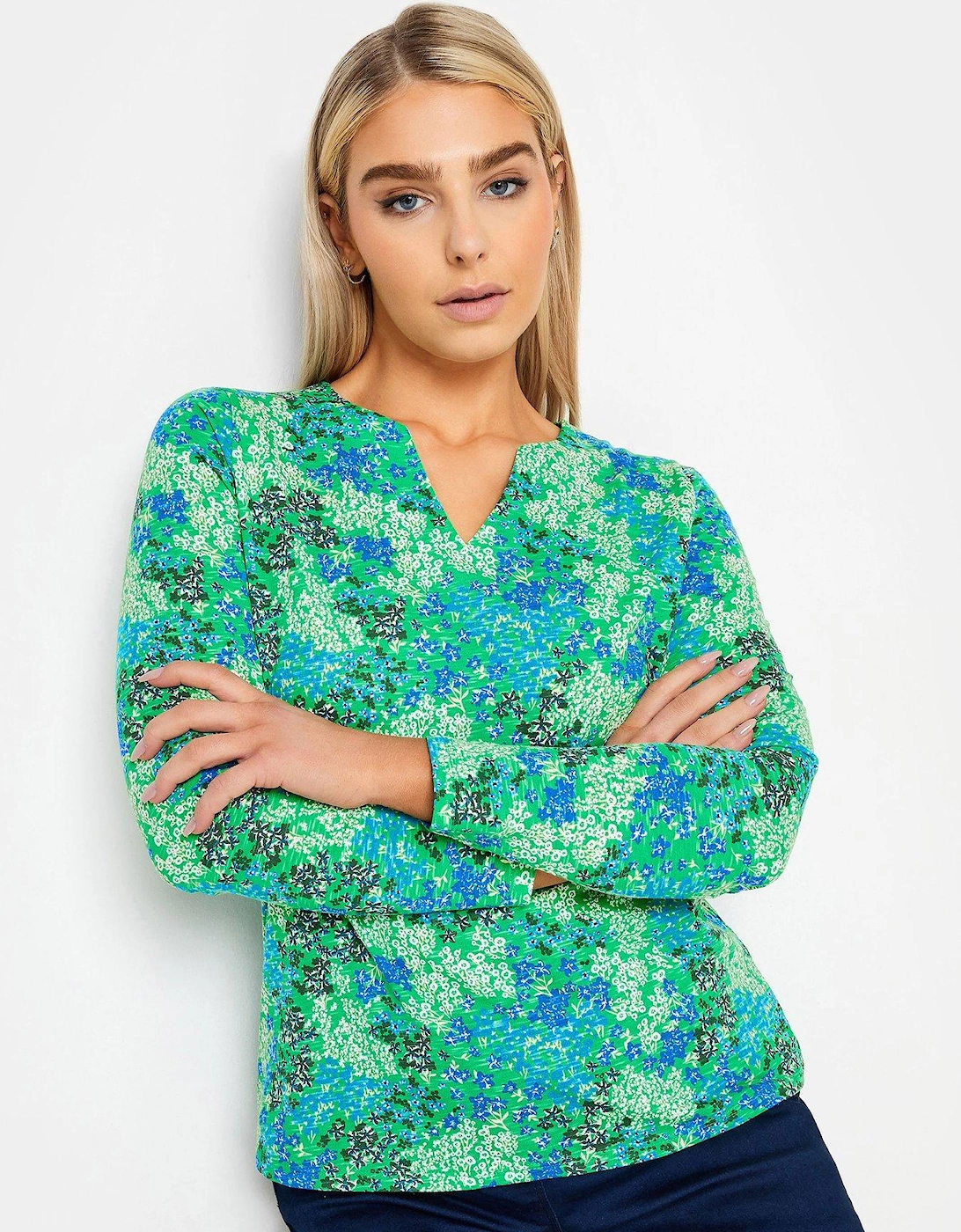 Ditsy Print Notch Neck Top - Green , 2 of 1