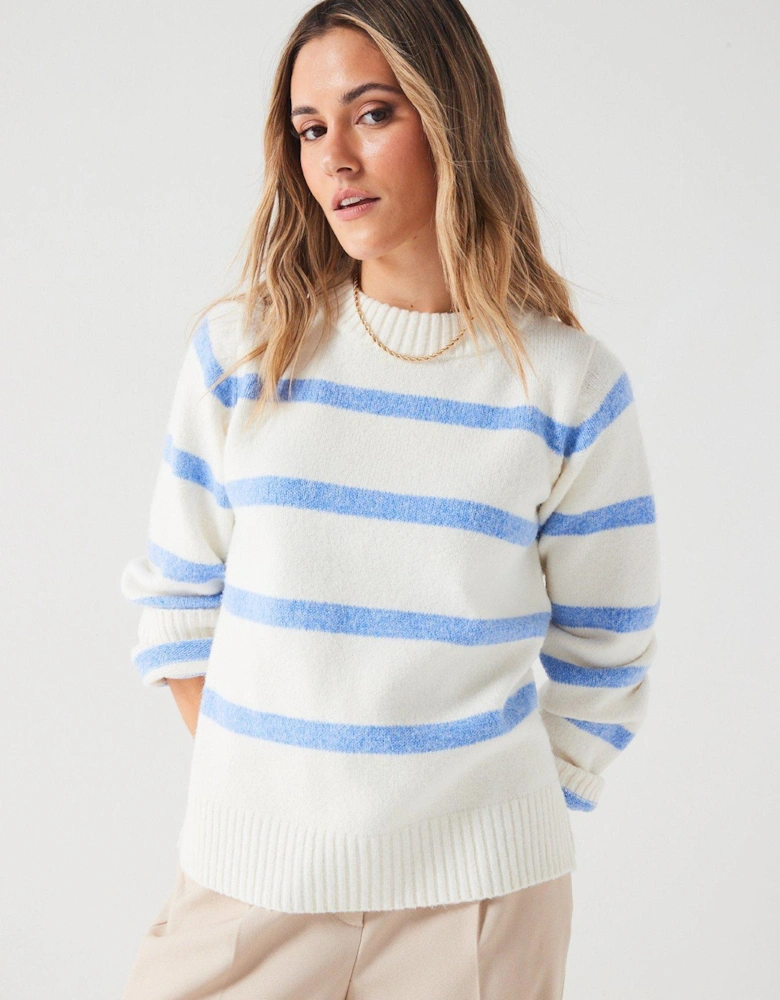 Crew Neck Stripe Knitted Jumper - Blue and Ivory