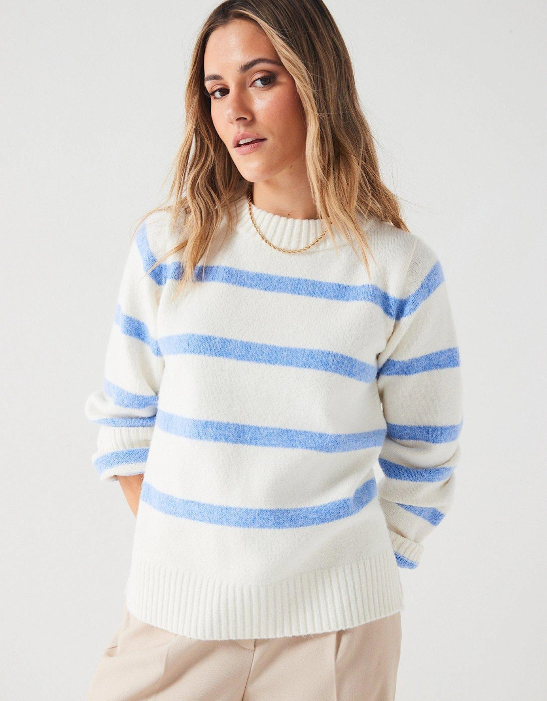Crew Neck Stripe Knitted Jumper - Blue and Ivory, 7 of 6