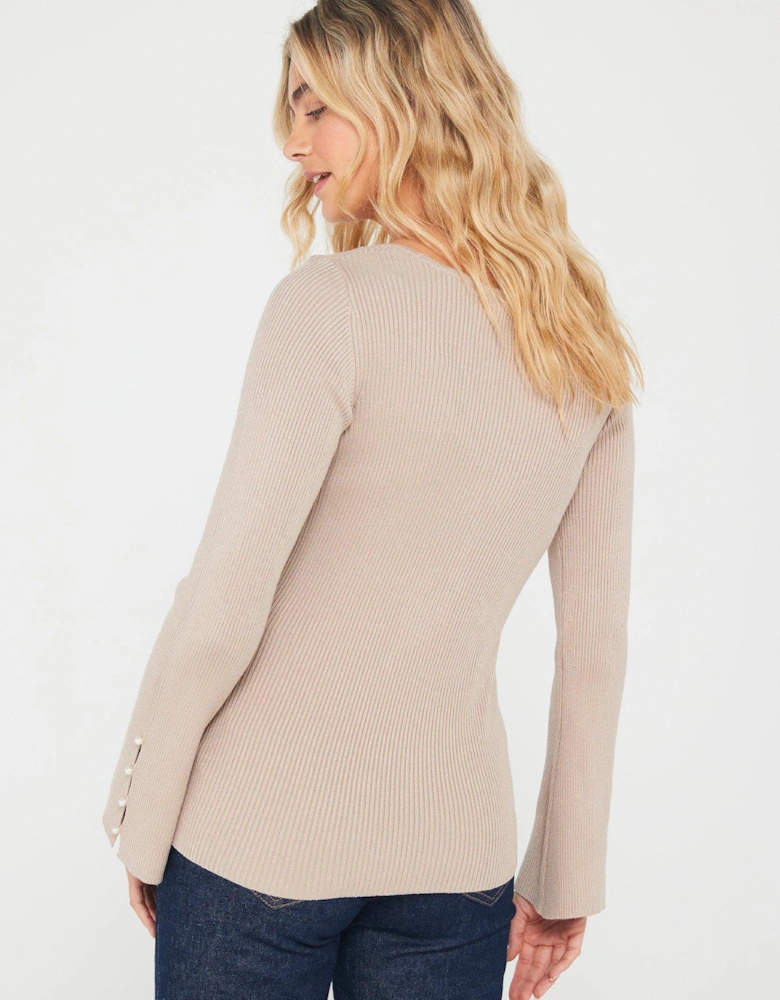 Knitted Rib Square Neck Button Sleeve Top - Beige