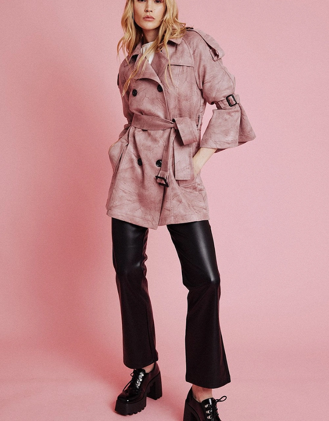 Pink Faux Suede Trench Coat