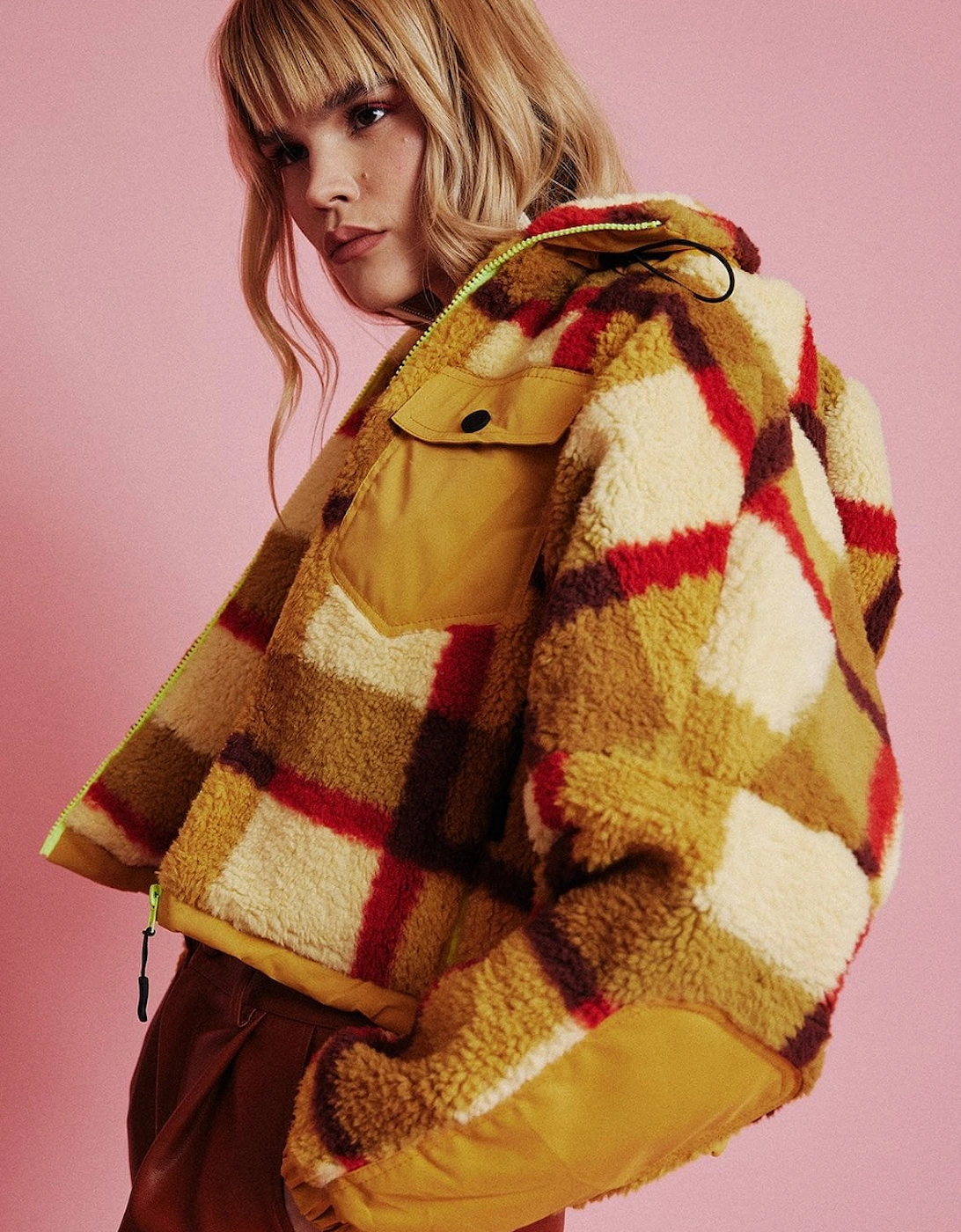 Yellow Faux Shearling Check Jacket