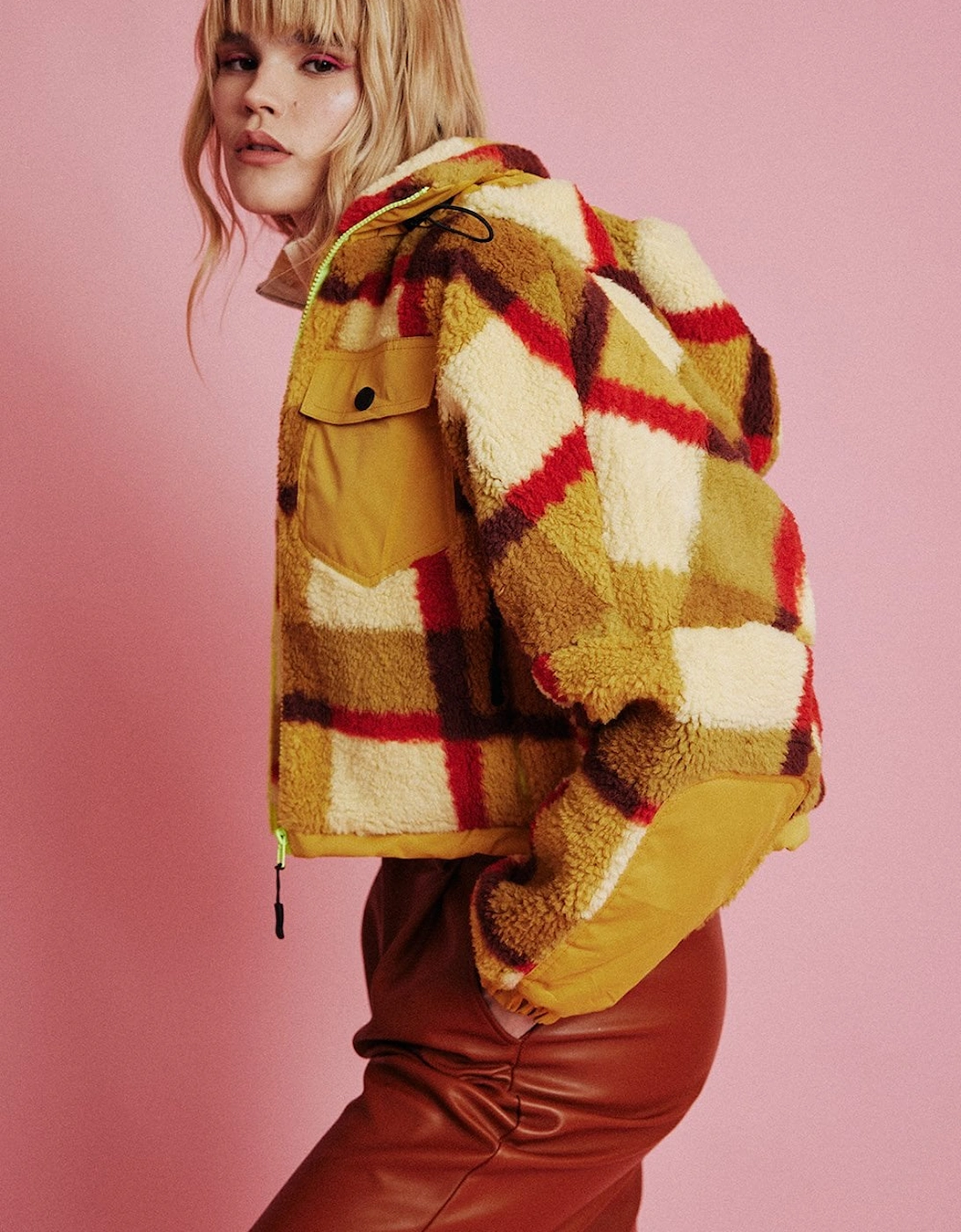 Yellow Faux Shearling Check Jacket