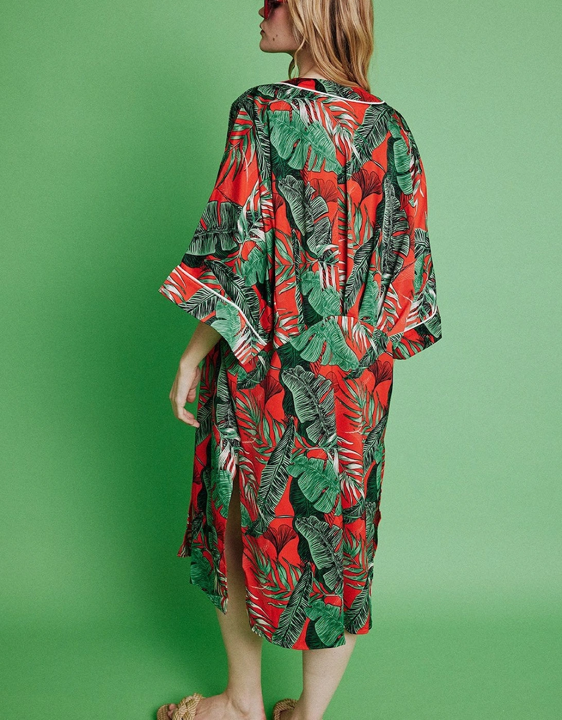 Red Silk Blend Palm Print Kimono