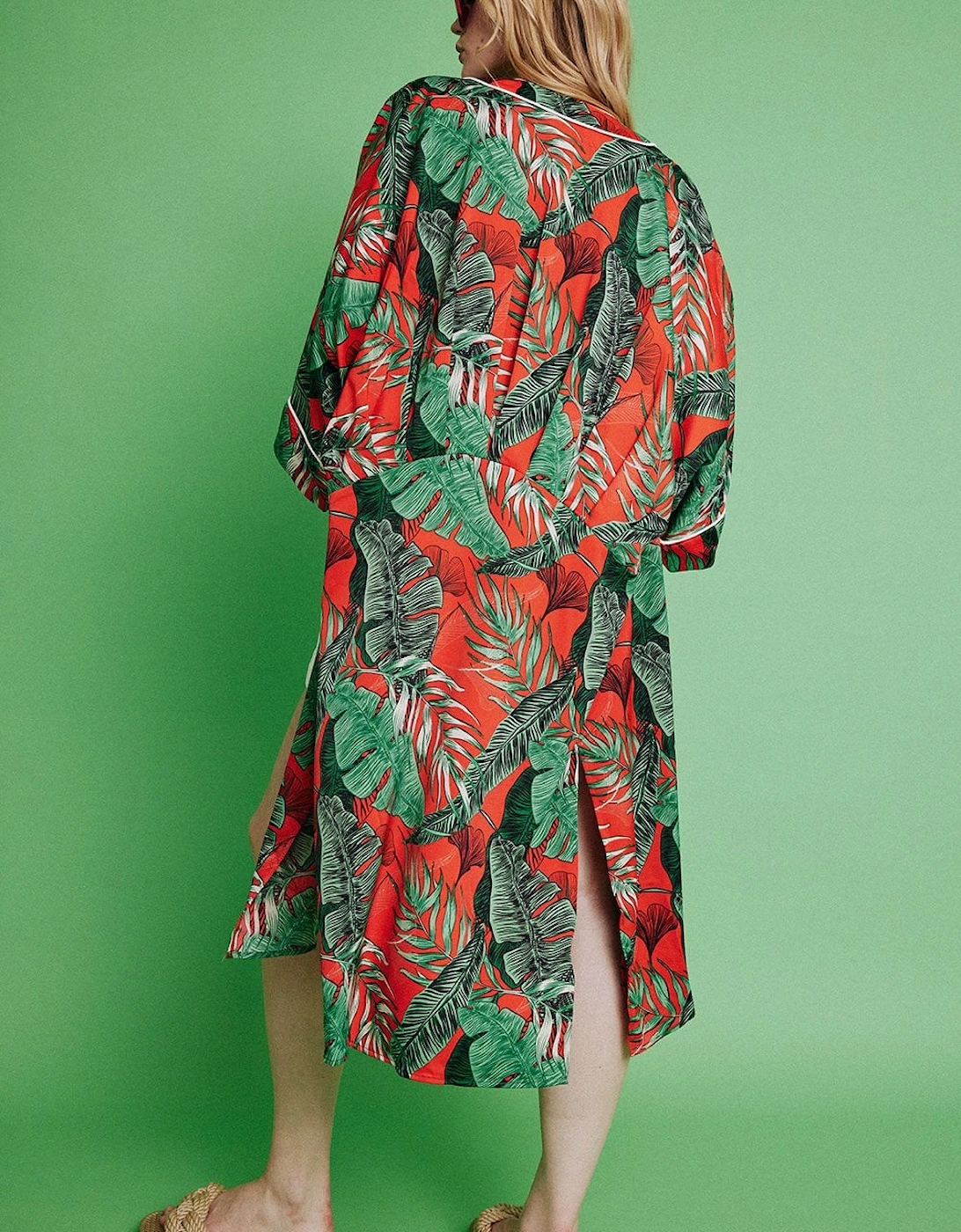 Red Silk Blend Palm Print Kimono