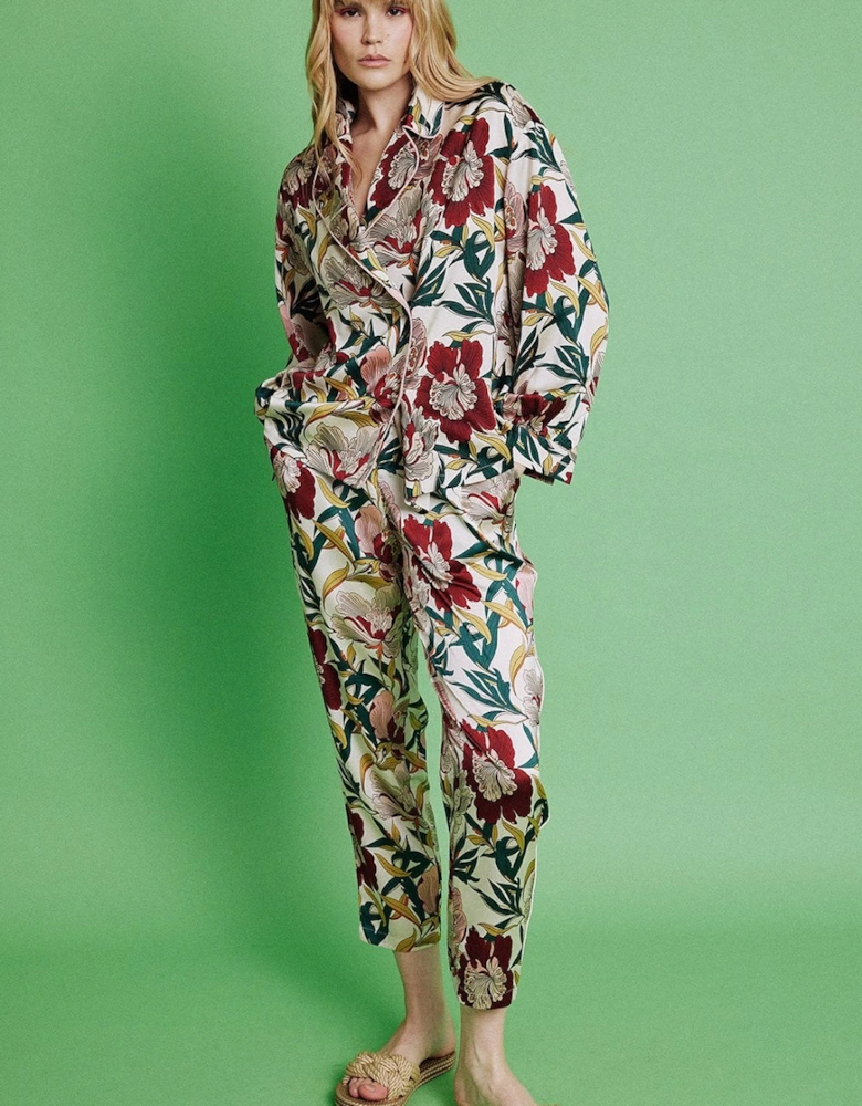 Floral Silk Blend Botanical Hibiscus Print Trousers