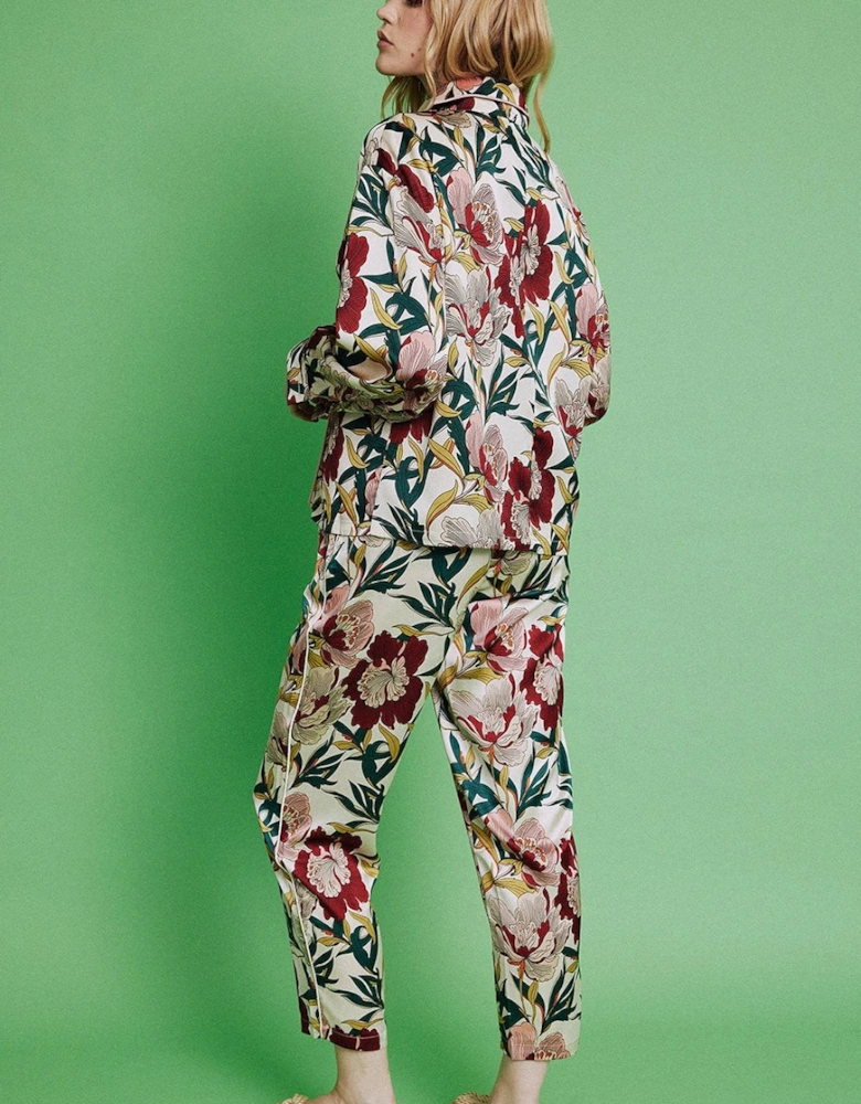 Floral Silk Blend Botanical Hibiscus Print Trousers