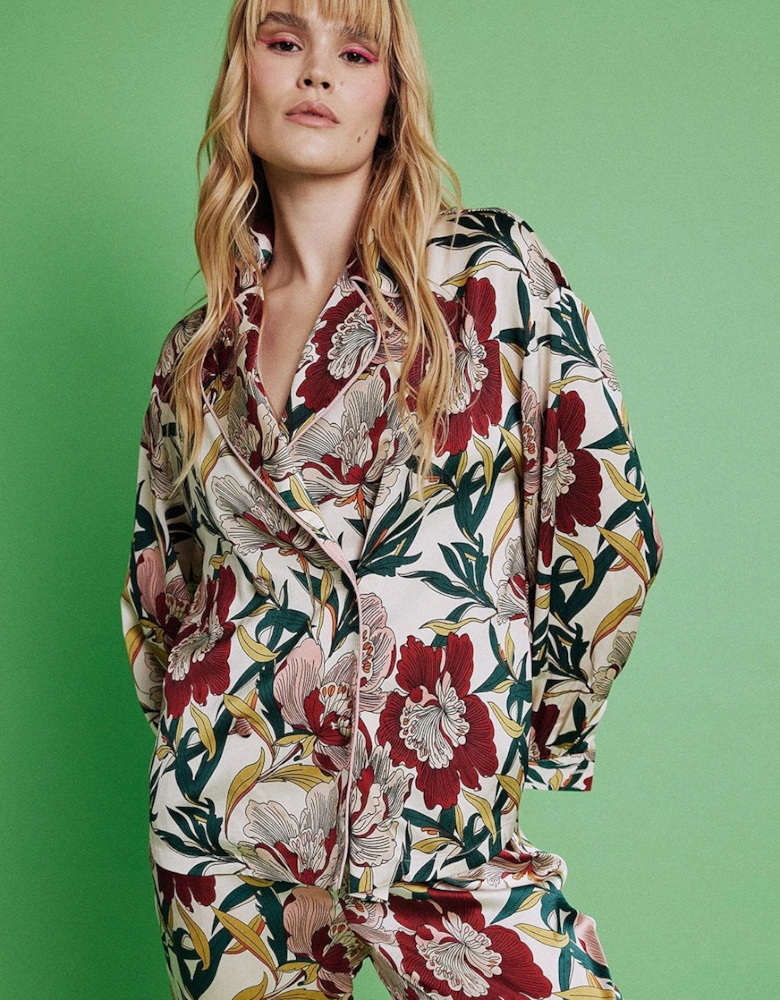 Floral Silk Blend Botanical Hibiscus Shirt