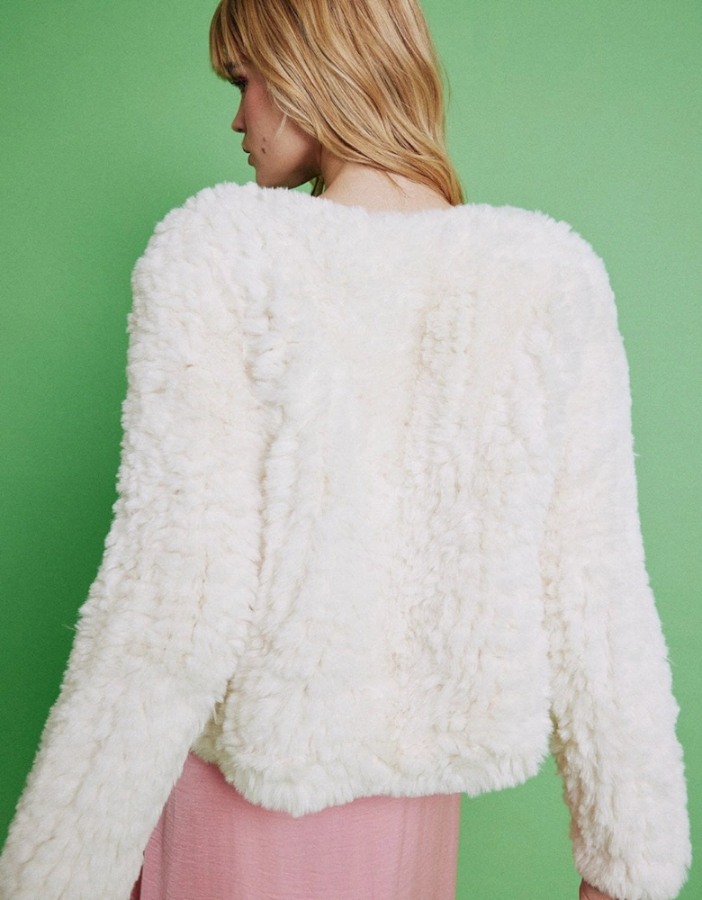 Cream Hand Knitted V-Neck Faux Fur Coat
