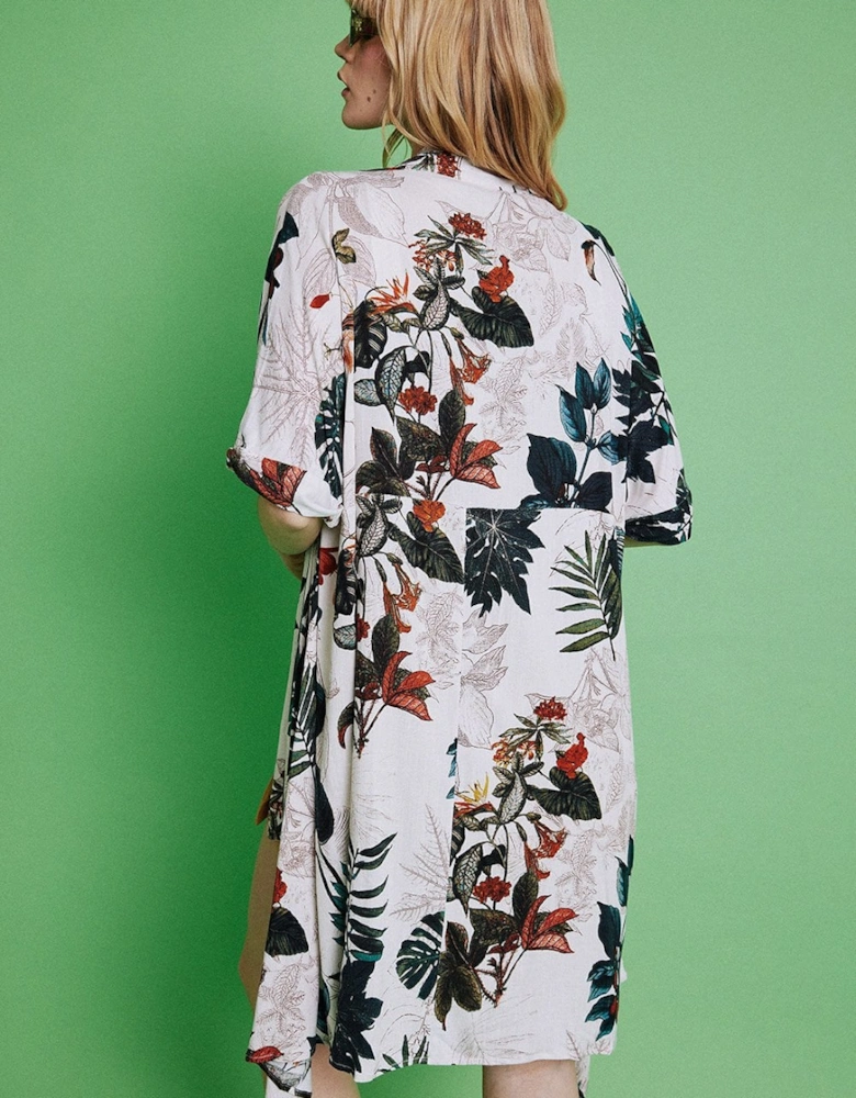 Multi Cotton Blend Tropical Palm Print Kimono Jacket