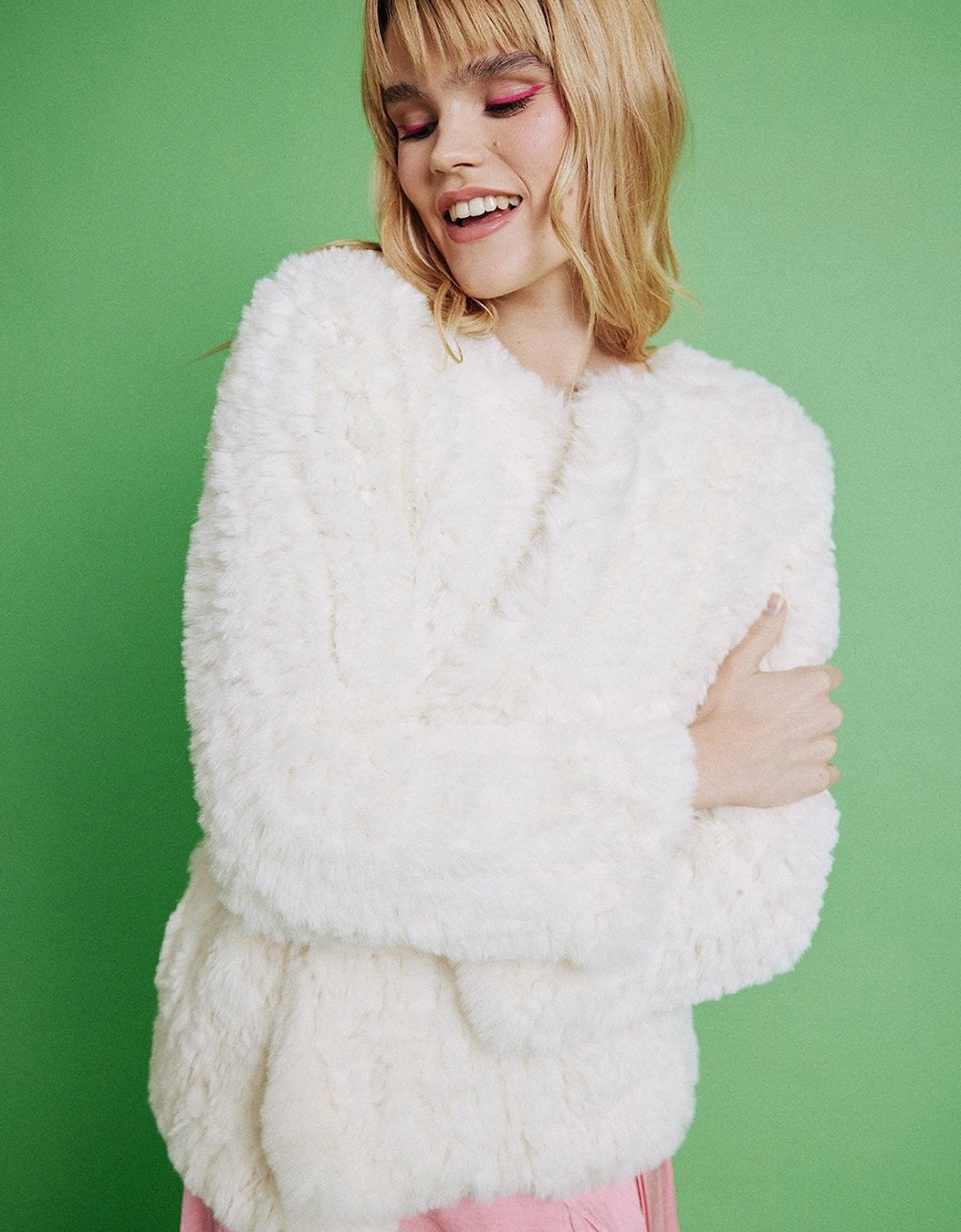 Cream Hand Knitted Faux Fur Coat