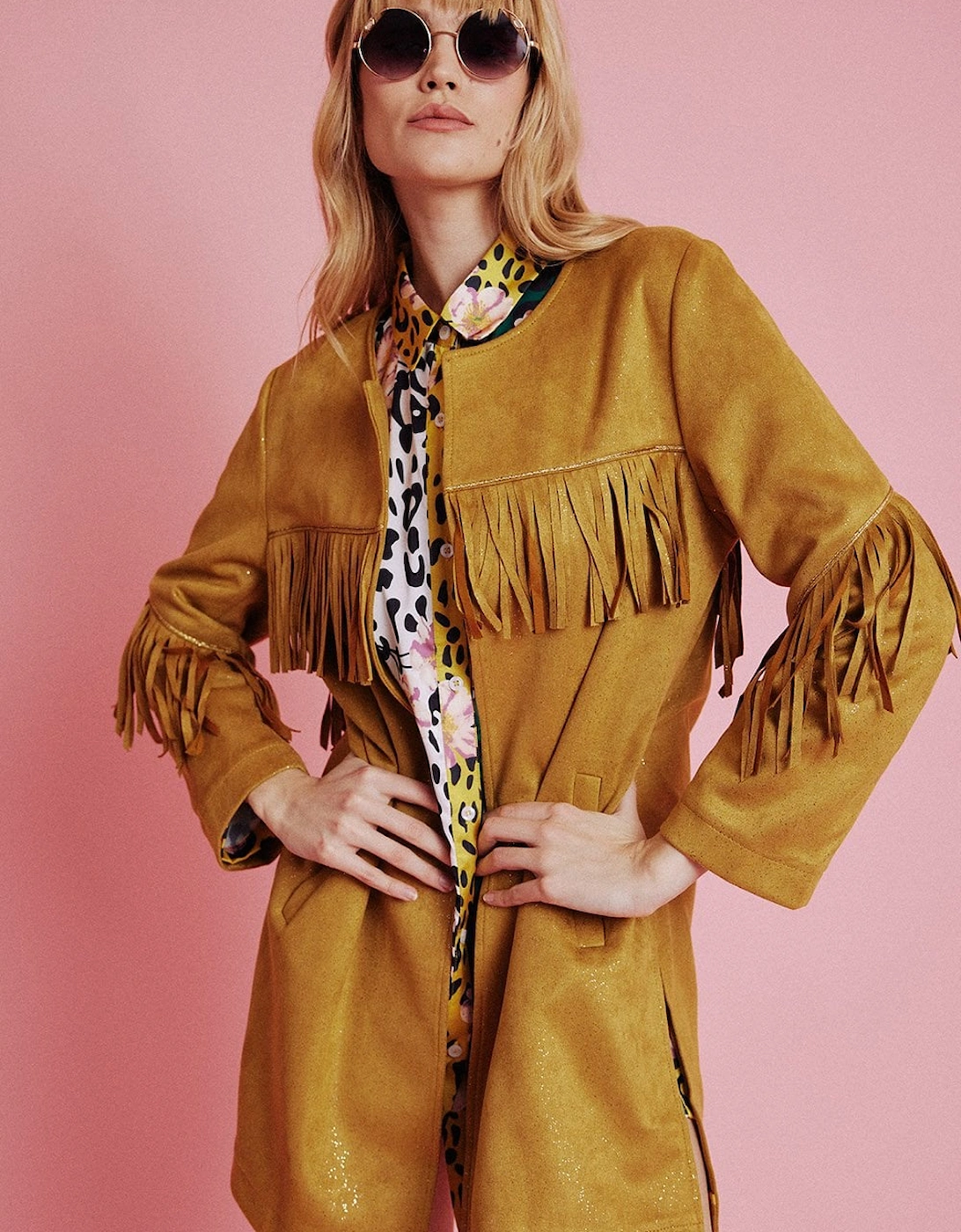 Yellow Starlight Tassel Glitter Faux Suede Jacket